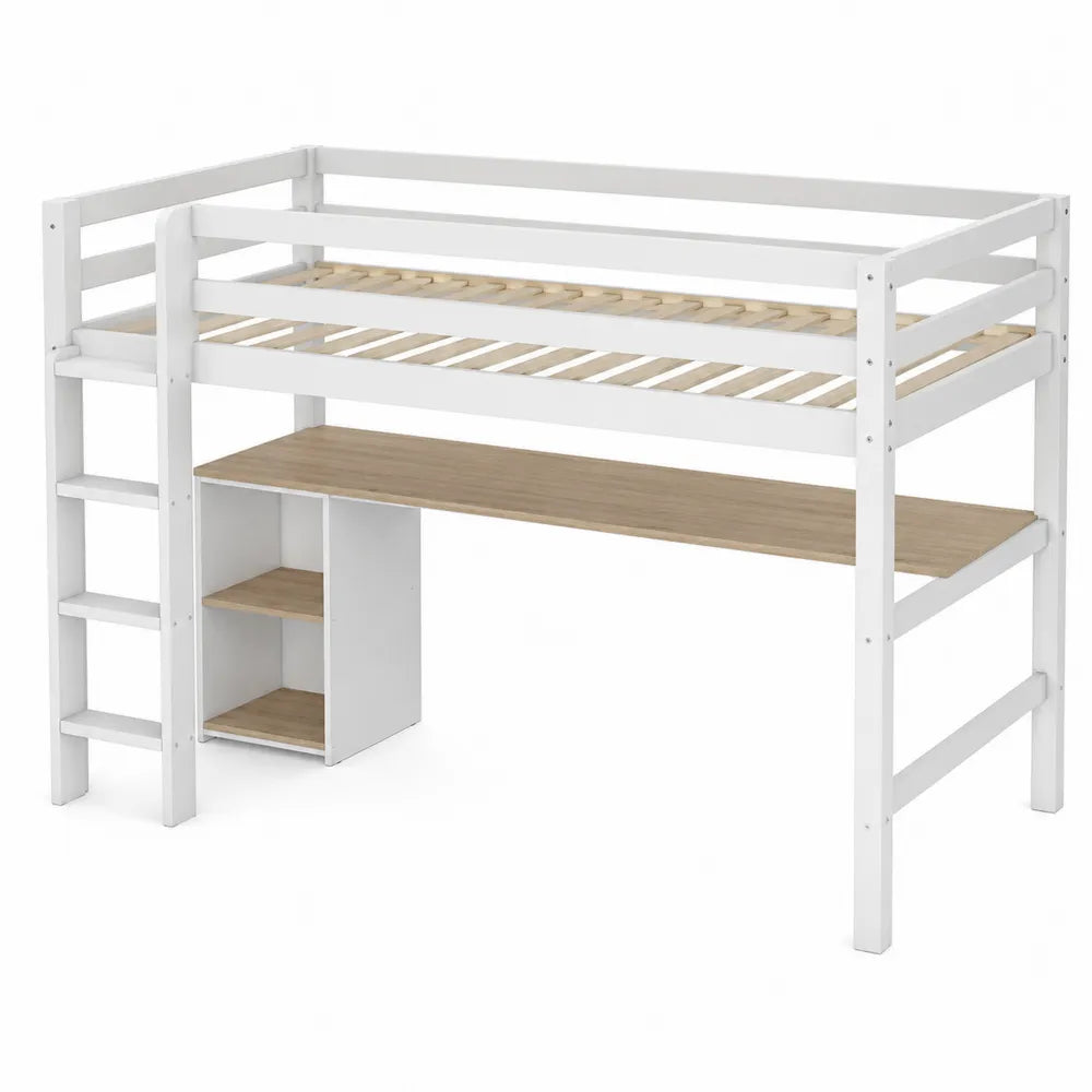 Letto a soppalco singolo in legno bianco con scrivania libreria e scala laterale 205 x 145 x 175 cm