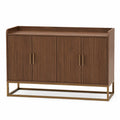 Credenza buffet rettangolare in pannello truciolare effetto noce con 4 ante scanalate base in acciaio oro e bordo rialzato 160 x 40 x 80 cm