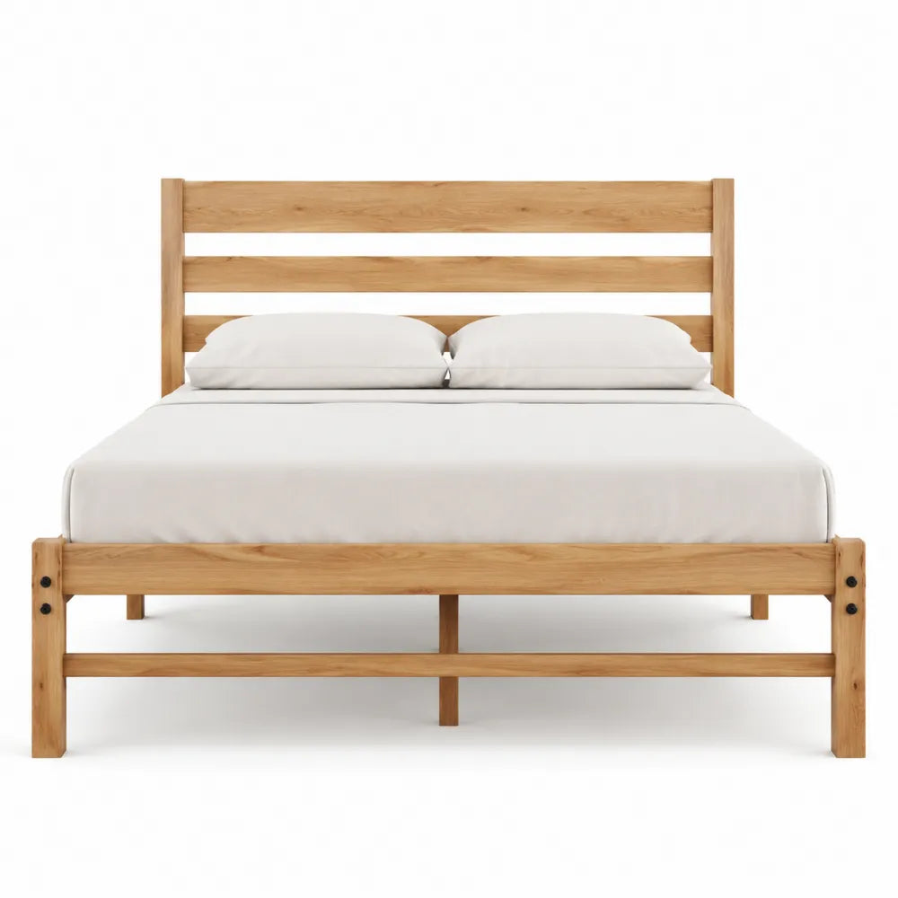 Letto matrimoniale rettangolare 160x200 cm in legno di pino naturale con testiera a doghe e rete a doghe