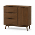 Credenza buffet in MDF impiallacciato noce 3 cassetti e 1 anta struttura in legno gambe inclinate marrone noce 120 cm x 40 cm x 80 cm
