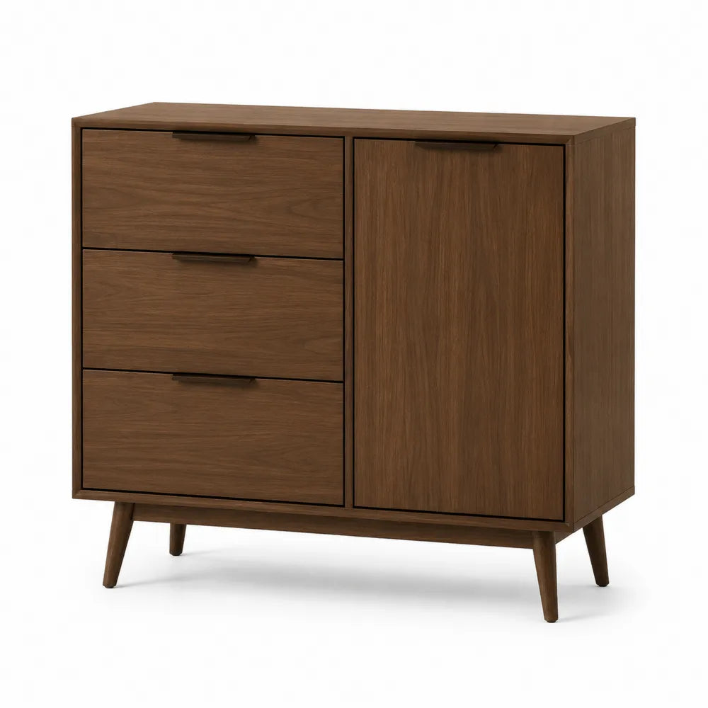 Credenza buffet in MDF impiallacciato noce 3 cassetti e 1 anta struttura in legno gambe inclinate marrone noce 120 cm x 40 cm x 80 cm