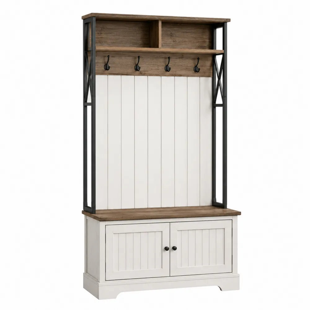 Mobile ingresso appendiabiti con panca e scarpiera in MDF effetto rovere rustico bianco e nero 120 cm x 40 cm x 180 cm con ganci in metallo