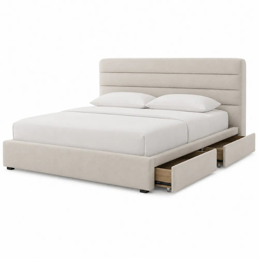 Letto matrimoniale rettangolare imbottito 160x200 cm in tessuto poliestere beige crema con testiera alta e 2 cassetti