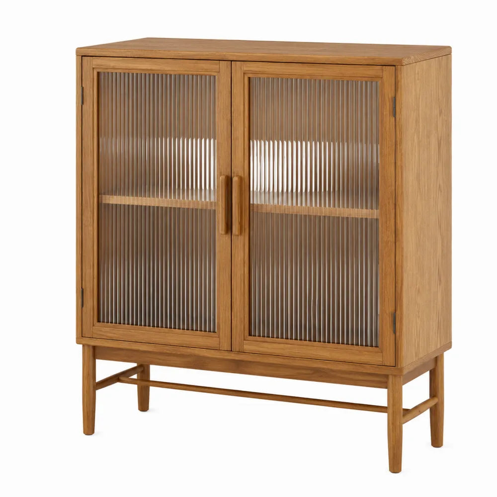 Credenza buffet rettangolare a 2 ante con vetro zigrinato e pannello effetto rovere naturale 120 cm x 40 cm x 85 cm