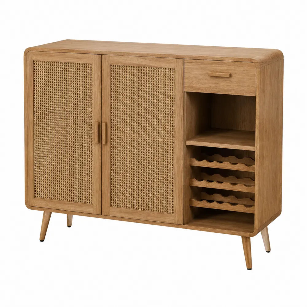 Credenza buffet in MDF impiallacciato rovere naturale 2 ante in rattan 1 cassetto vano aperto con portabottiglie 120 cm x 40 cm x 85 cm