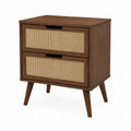 Comodino rettangolare 45 x 35 x 55 cm in MDF effetto noce e rattan naturale con 2 cassetti