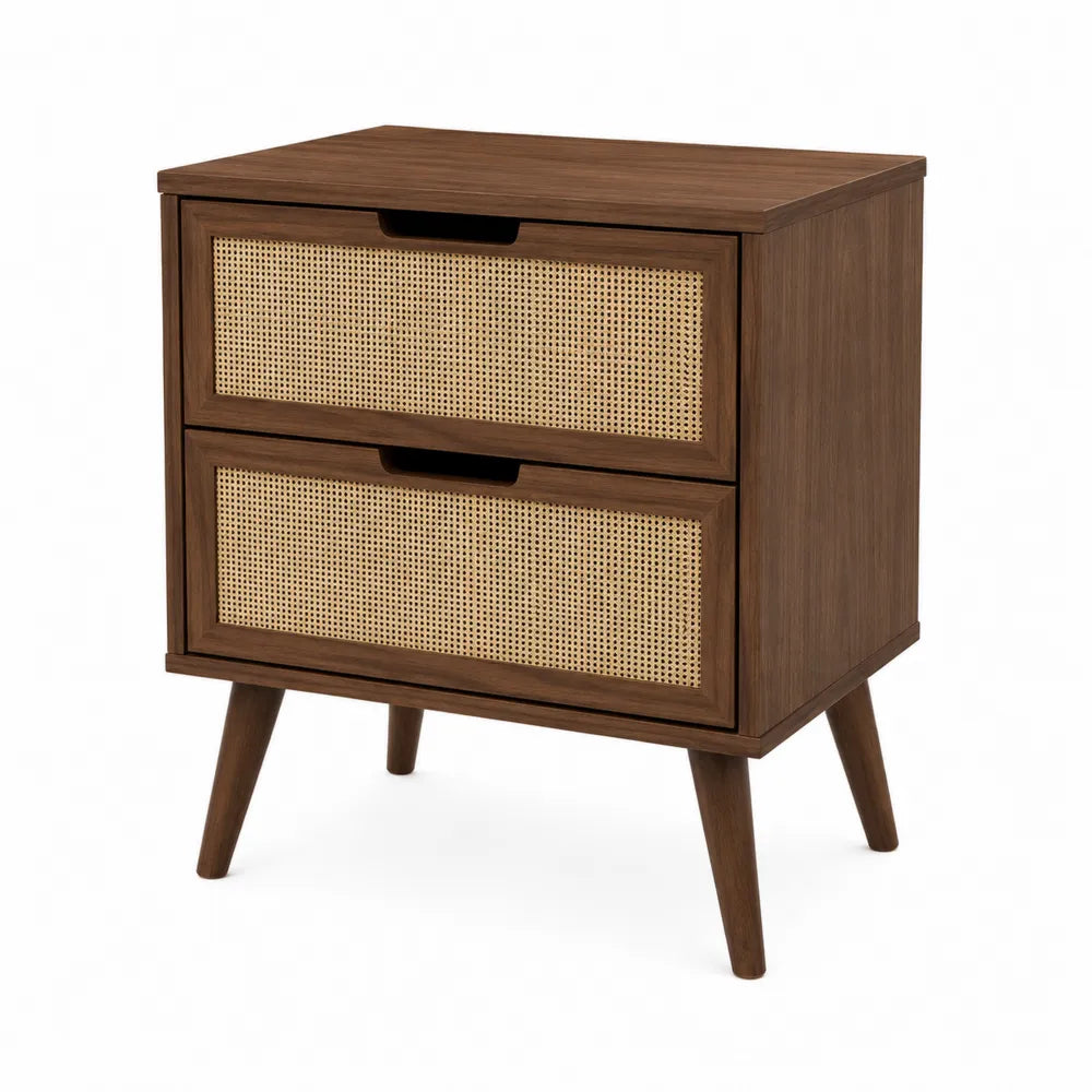 Comodino rettangolare 45 x 35 x 55 cm in MDF effetto noce e rattan naturale con 2 cassetti