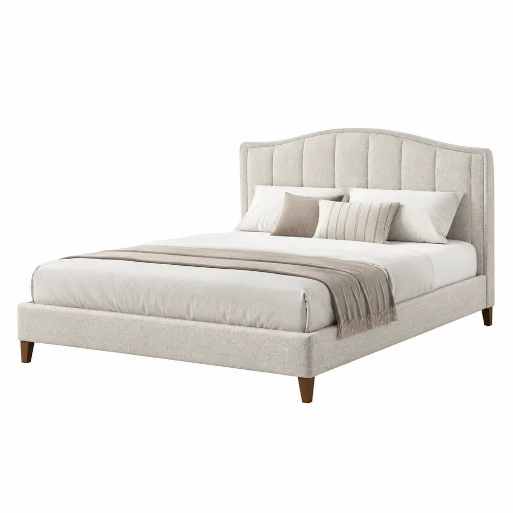 Letto matrimoniale rettangolare imbottito 160x200 cm in tessuto poliestere beige crema con testiera alta curva e gambe in legno
