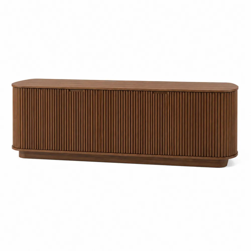 Credenza buffet rettangolare in pannello truciolare effetto noce marrone con ante a doghe verticali 180 cm x 45 cm x 80 cm