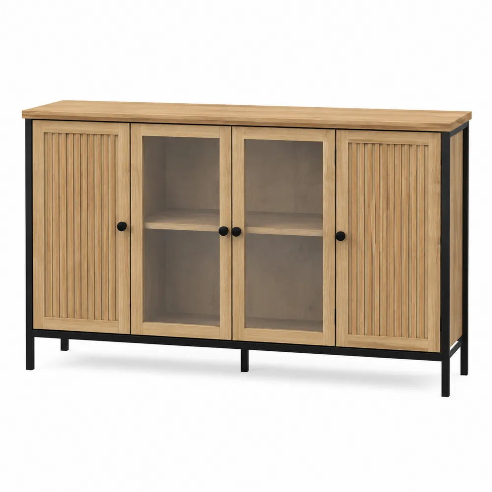 Mobile contenitore credenza rettangolare in pannello truciolare effetto rovere e acciaio nero con ante in vetro 160 cm x 40 cm x 80 cm