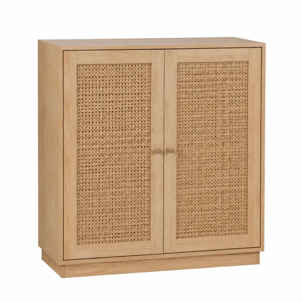 Credenza buffet rettangolare in pannello truciolare effetto rovere naturale con ante in rattan intrecciato 110 cm x 40 cm x 90 cm