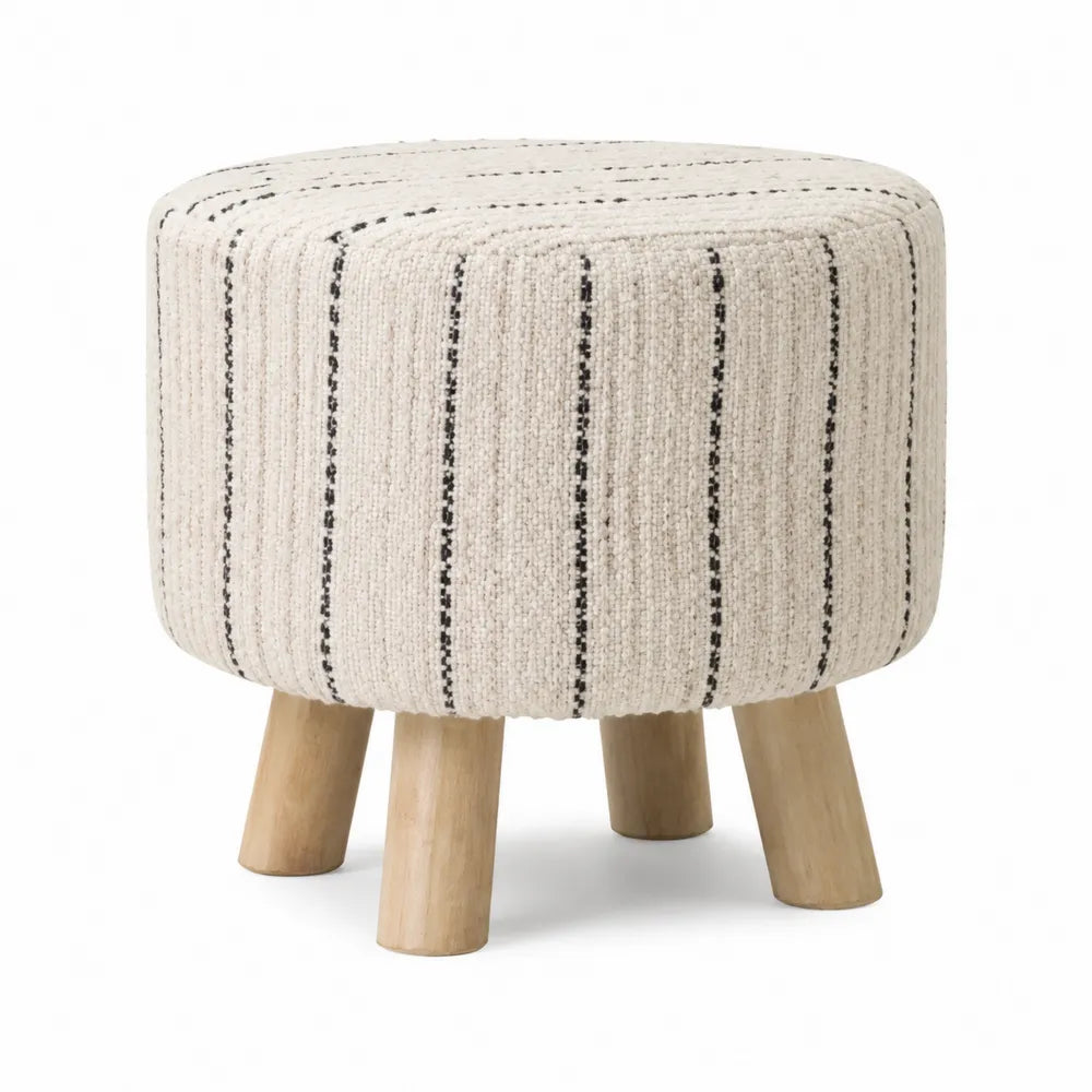 Poggiapiedi pouf rotondo in tessuto bouclé di poliestere beige con righe nere e gambe in legno 40 x 40 x 35 cm