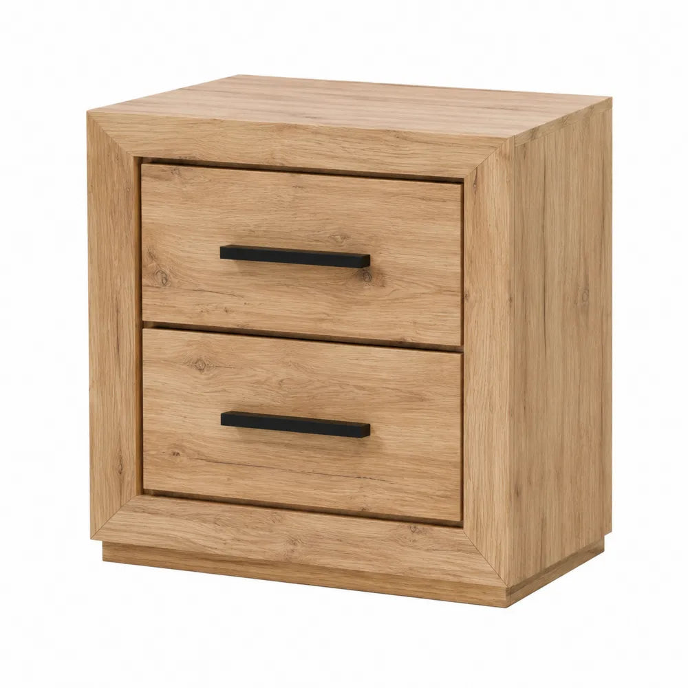Comodino 2 cassetti in MDF effetto rovere naturale con maniglie nere 50 x 40 x 55 cm