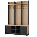 Mobile ingresso appendiabiti in MDF effetto rovere naturale e nero 120 cm x 40 cm x 180 cm con panca, ganci e scarpiera integrata