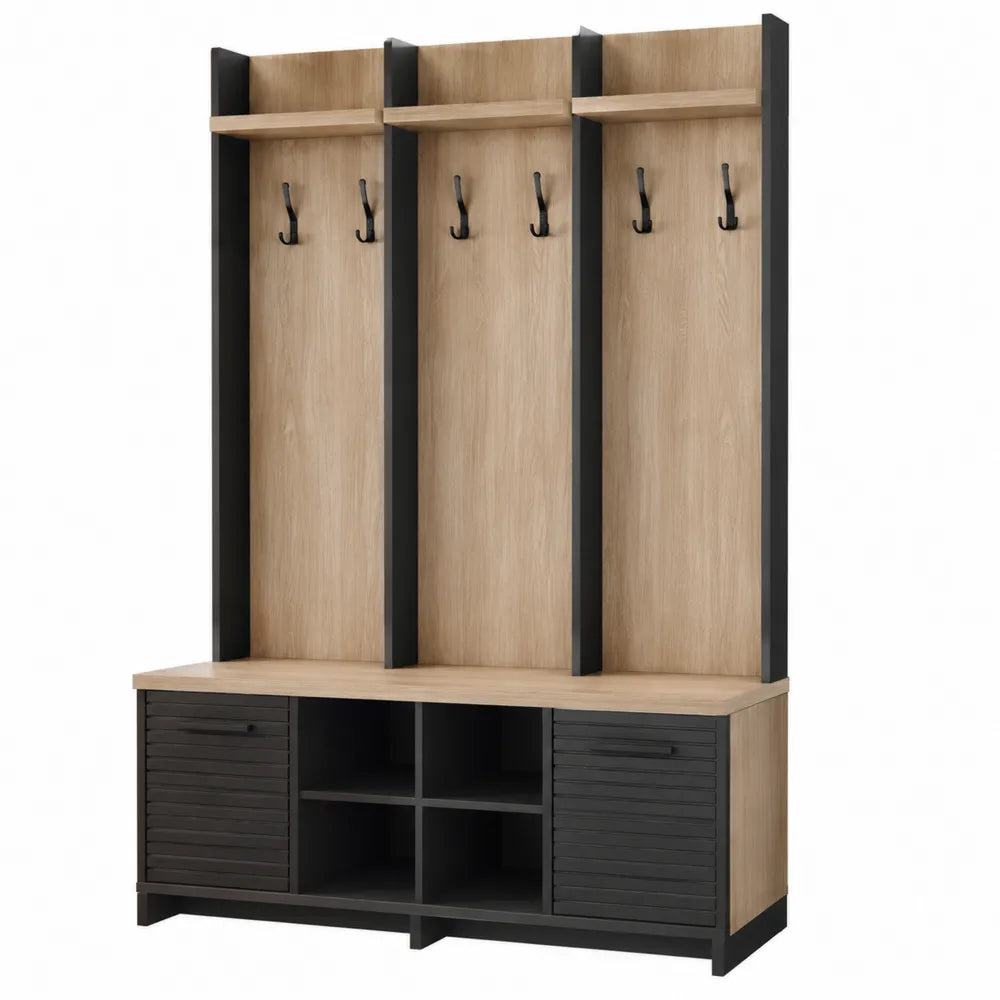 Mobile ingresso appendiabiti in MDF effetto rovere naturale e nero 120 cm x 40 cm x 180 cm con panca, ganci e scarpiera integrata