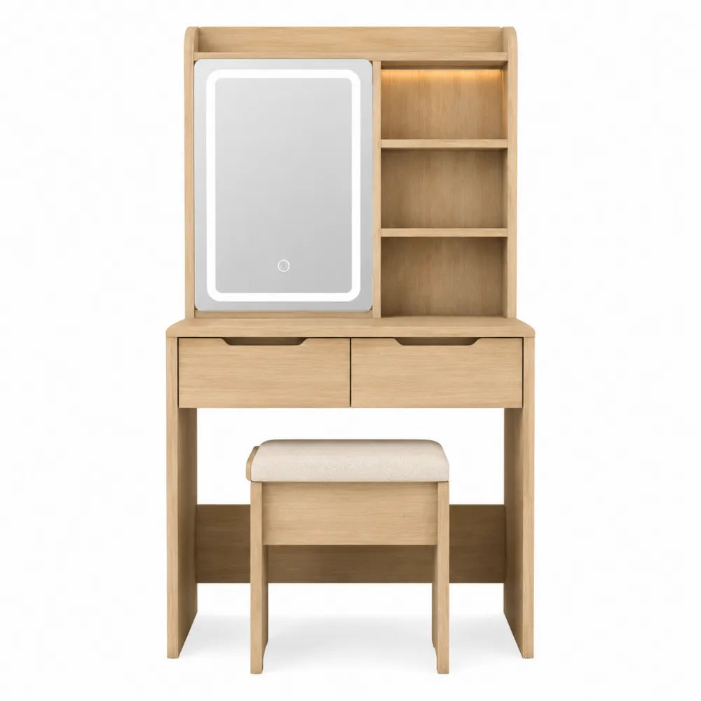 Toeletta trucco rettangolare in MDF effetto rovere chiaro con specchio LED 2 cassetti vani aperti e sgabello 100 x 40 x 140 cm