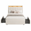 Letto matrimoniale rettangolare 160x200 cm in MDF e tessuto poliestere beige crema con contenitori laterali e testiera LED