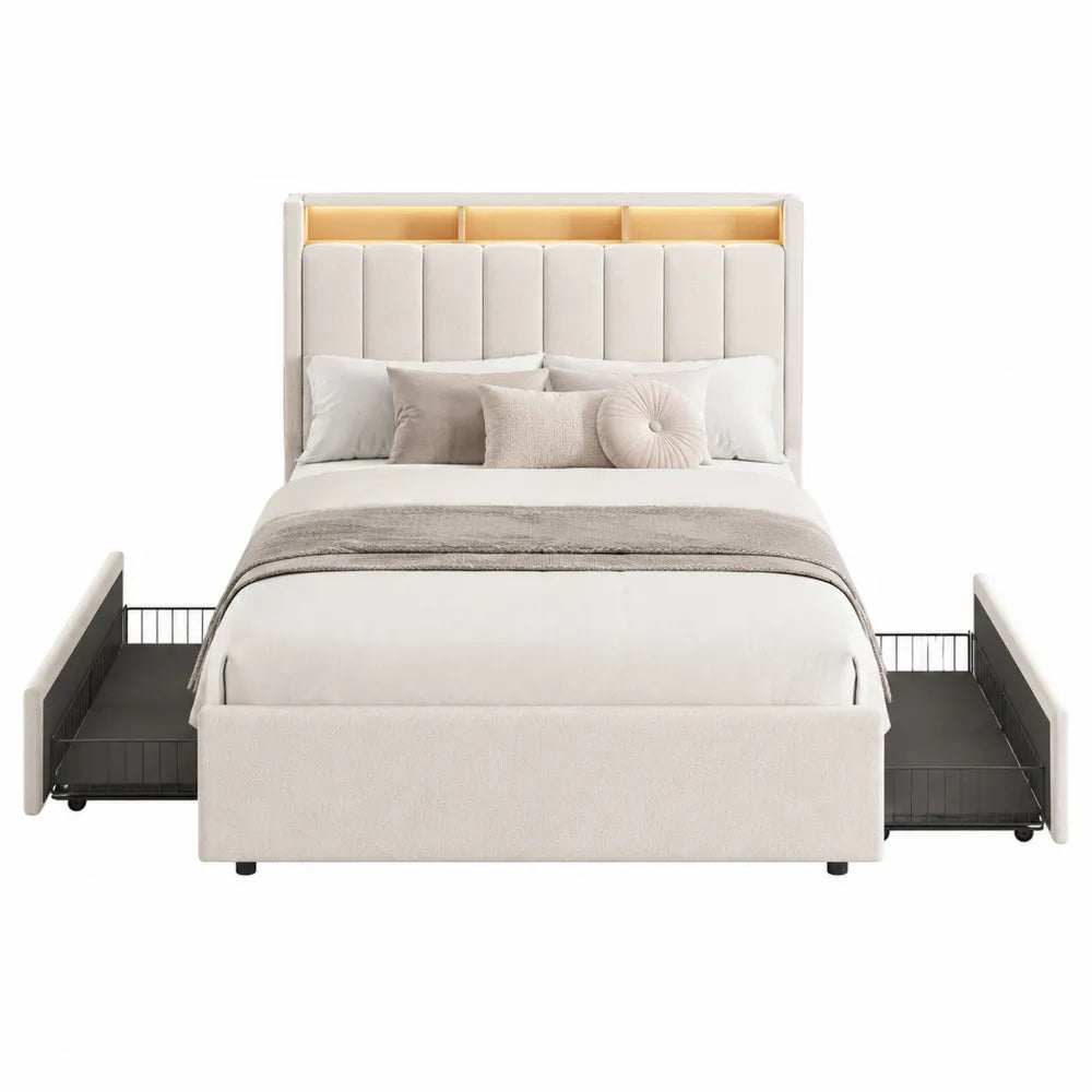 Letto matrimoniale rettangolare 160x200 cm in MDF e tessuto poliestere beige crema con contenitori laterali e testiera LED