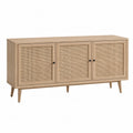 Credenza buffet in legno MDF impiallacciato rovere naturale 3 ante frontali in rattan intrecciato gambe in legno massello 140 cm x 40 cm x 85 cm