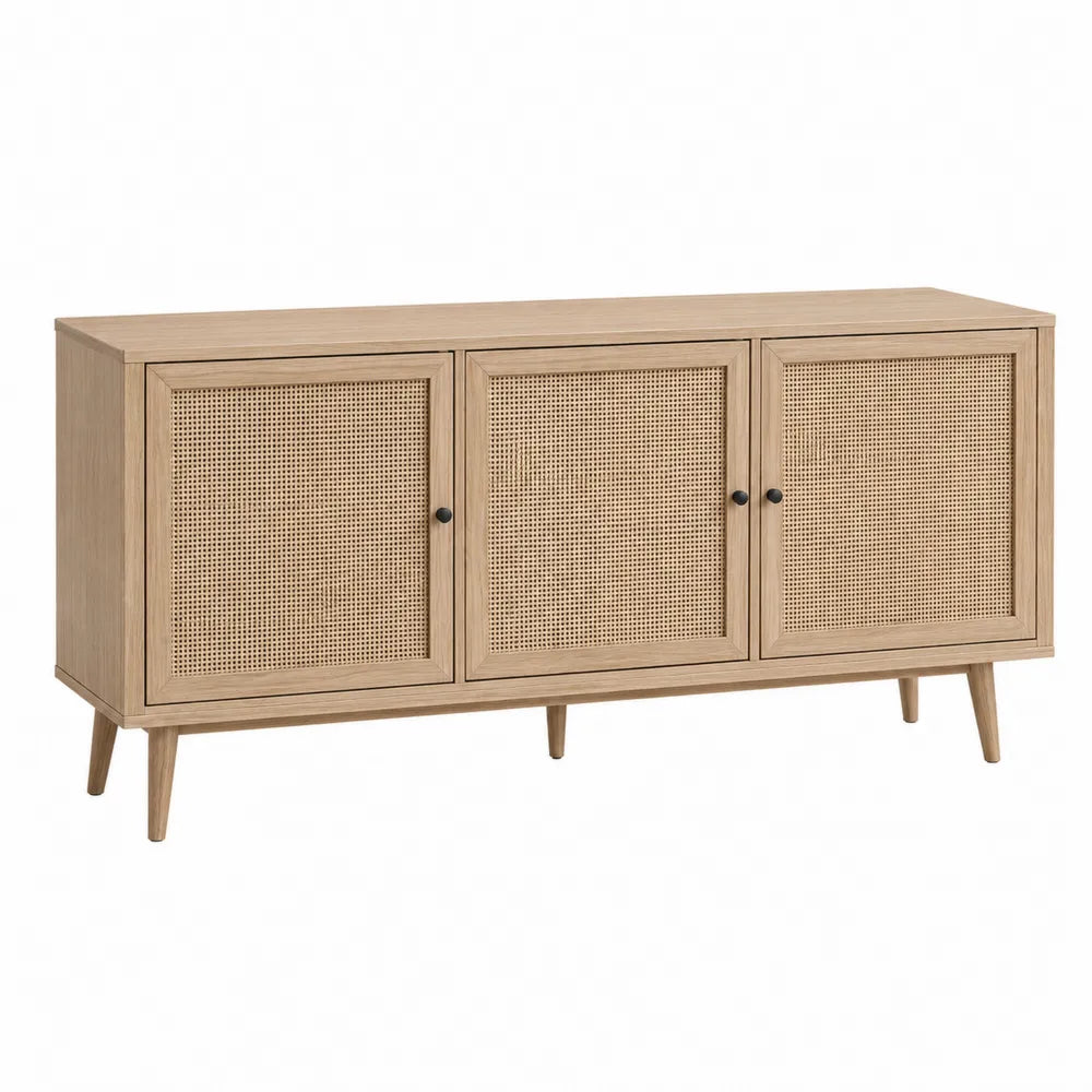 Credenza buffet in legno MDF impiallacciato rovere naturale 3 ante frontali in rattan intrecciato gambe in legno massello 140 cm x 40 cm x 85 cm