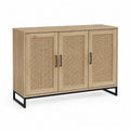 Credenza buffet rettangolare in MDF e pannello truciolare effetto rovere naturale con 3 ante in rattan e base in metallo nero 150 cm x 40 cm x 80 cm