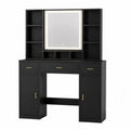 Toeletta trucco rettangolare in MDF nero opaco con specchio LED vani aperti armadietti e 3 cassetti 120 x 40 x 140 cm