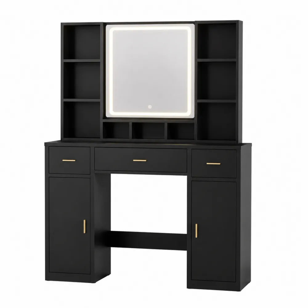 Toeletta trucco rettangolare in MDF nero opaco con specchio LED vani aperti armadietti e 3 cassetti 120 x 40 x 140 cm
