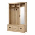 Mobile da ingresso rettangolare con appendiabiti specchio panca e 3 cassetti in MDF effetto rovere naturale con ganci neri 120 x 40 x 180 cm