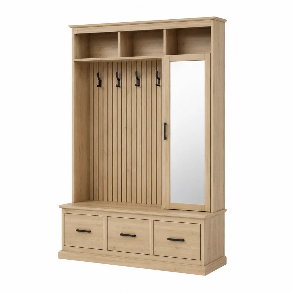 Mobile da ingresso rettangolare con appendiabiti specchio panca e 3 cassetti in MDF effetto rovere naturale con ganci neri 120 x 40 x 180 cm