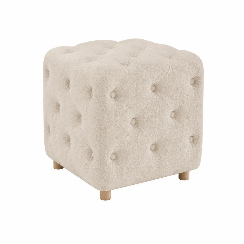 Poggiapiedi pouf cubo imbottito in tessuto poliestere effetto lino beige gambe in legno massello 40 cm x 40 cm x 40 cm