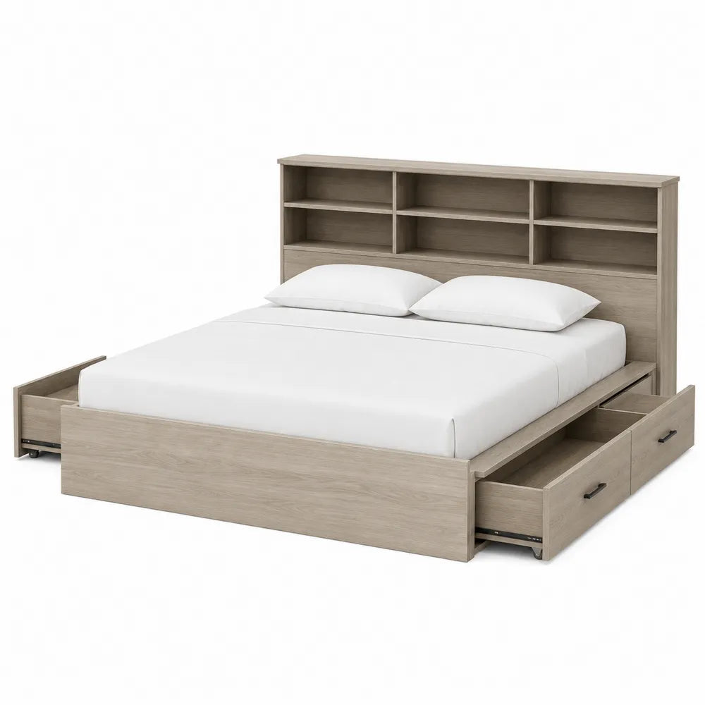 Letto matrimoniale contenitore rettangolare 160x200 cm in pannello truciolare melaminico effetto rovere chiaro con cassetti e testiera libreria