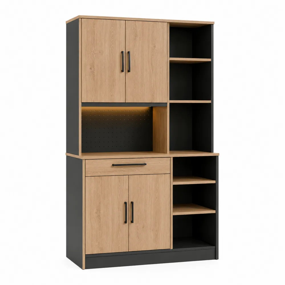Credenza buffet alta rettangolare in MDF effetto rovere naturale e nero con ante cassetto ripiani aperti e luce LED 120 cm x 40 cm x 180 cm