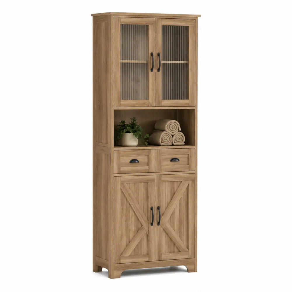 Mobile contenitore alto rettangolare in pannello truciolare effetto rovere naturale con ante in vetro zigrinato cassetti e vani aperti 80 cm x 40 cm x 180 cm