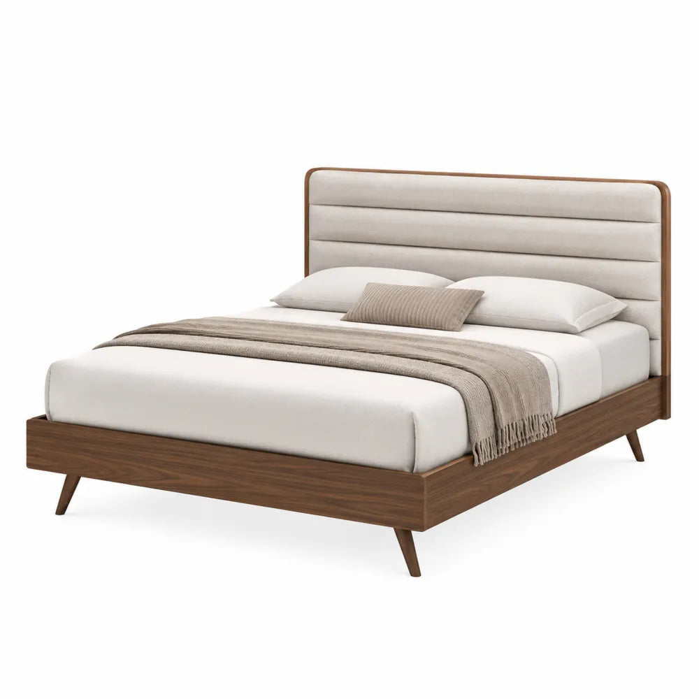 Letto matrimoniale rettangolare 160x200 cm in pannello truciolare e tessuto poliestere beige e marrone noce con testiera imbottita