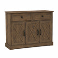 Credenza buffet in legno effetto noce con 2 cassetti superiori e 3 ante inferiori struttura con gambe in legno e maniglie nere 150 cm x 40 cm x 85 cm