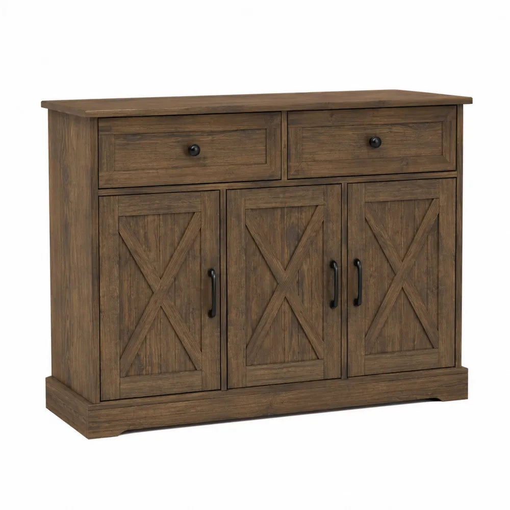 Credenza buffet in legno effetto noce con 2 cassetti superiori e 3 ante inferiori struttura con gambe in legno e maniglie nere 150 cm x 40 cm x 85 cm