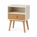 Comodino rettangolare 45 x 35 x 55 cm in MDF avorio e rovere naturale con cassetto rigato vano aperto e pomello dorato