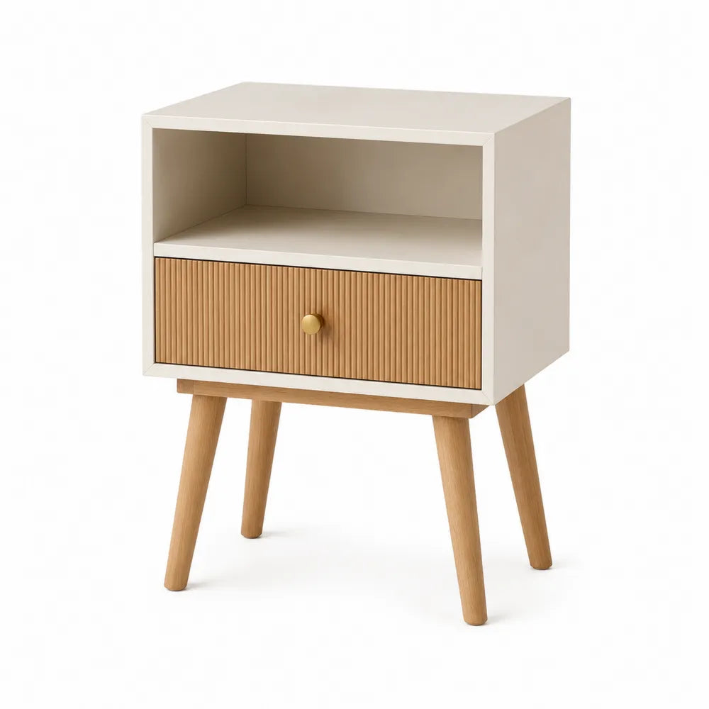 Comodino rettangolare 45 x 35 x 55 cm in MDF avorio e rovere naturale con cassetto rigato vano aperto e pomello dorato